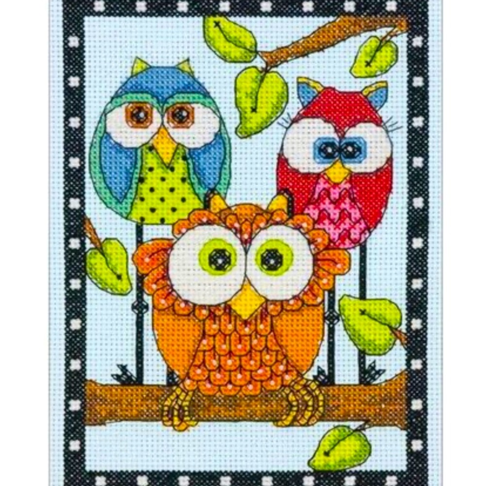 Cross Stitch Kit. Owls Trio 5 x 7 inch